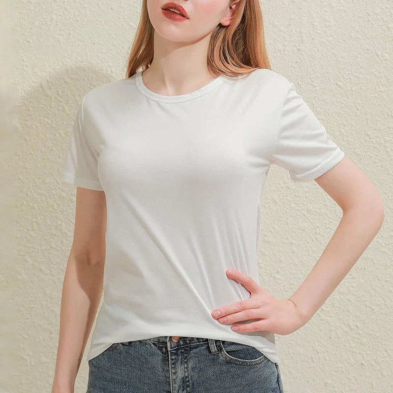 2025 Short T-Shirts Summer Women's Short Sleeve Round Neck Casual Blouse Shirts Solid Color Tops  Black / White