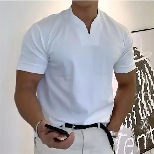 2026 Summer New Men Fashion Trend T-shirt Short Sleeve V-neck Top Elastic Cotton Fitness Sports Loose Large Size Clothing