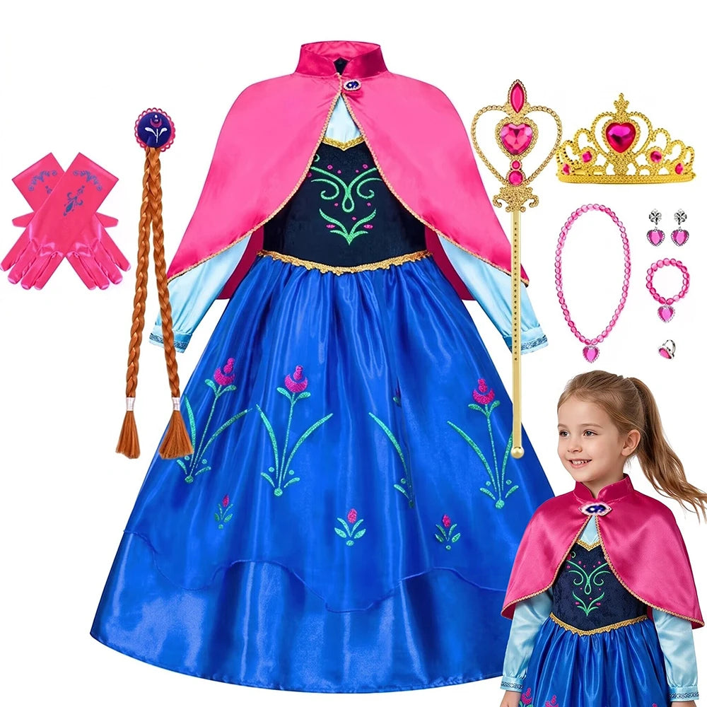 Girl Princess Dress Halloween Cosplay 2026 Party Anna Costume Snow Queen Princess Clothes Children Outfit 2-10 Y
