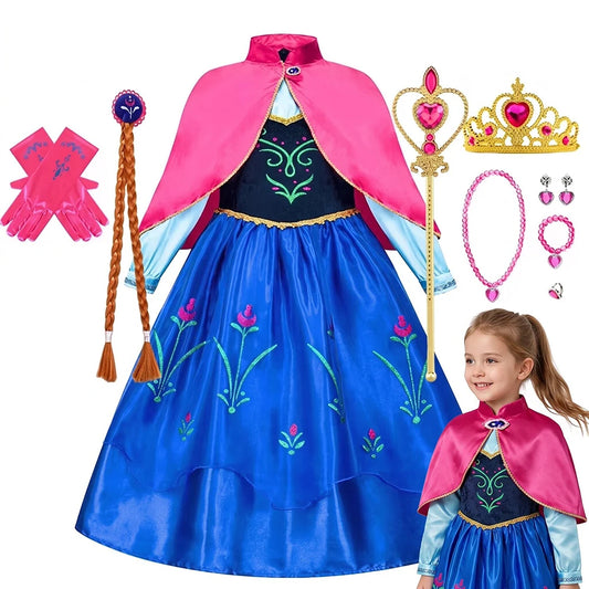 Girl Princess Dress Halloween Cosplay 2026 Party Anna Costume Snow Queen Princess Clothes Children Outfit 2-10 Y