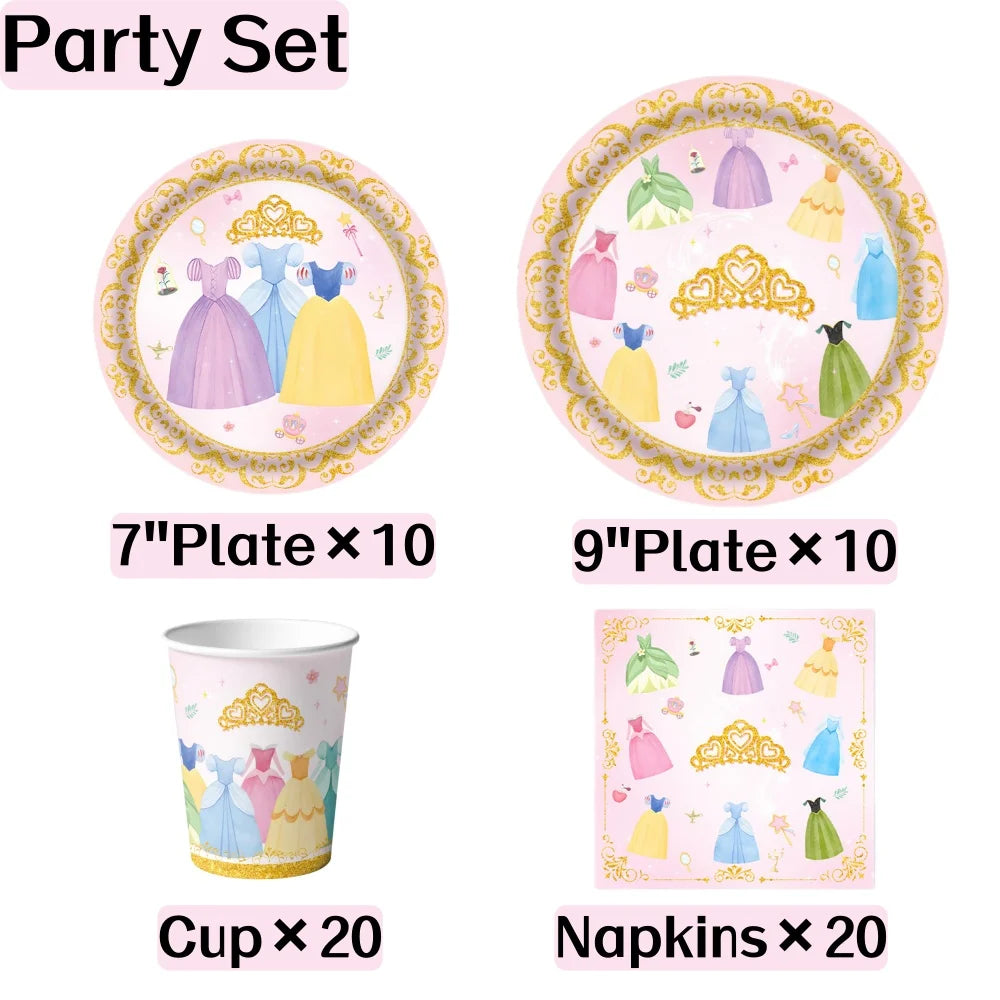 Princess Birthday Party Decorations Kit Paper Cup Plate Napkin Tablecloth  Banner Pink Party Supplies Disposable Dinnerware Set