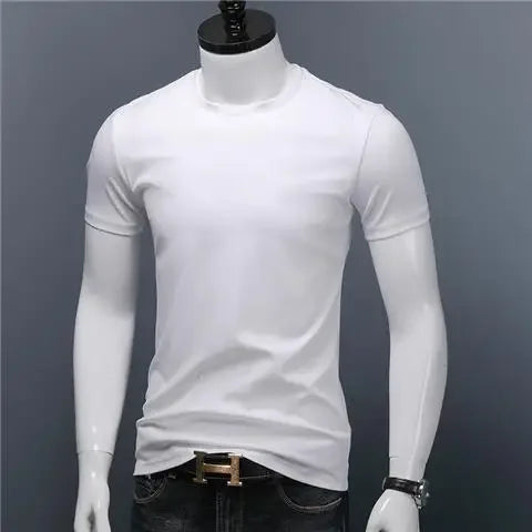 Men's Casual Turtleneck T-Shirts Short Sleeve Solid Slim Fit Silk High Neck Tops Inner Wear Trendy Round Neck Base Layer Shirt
