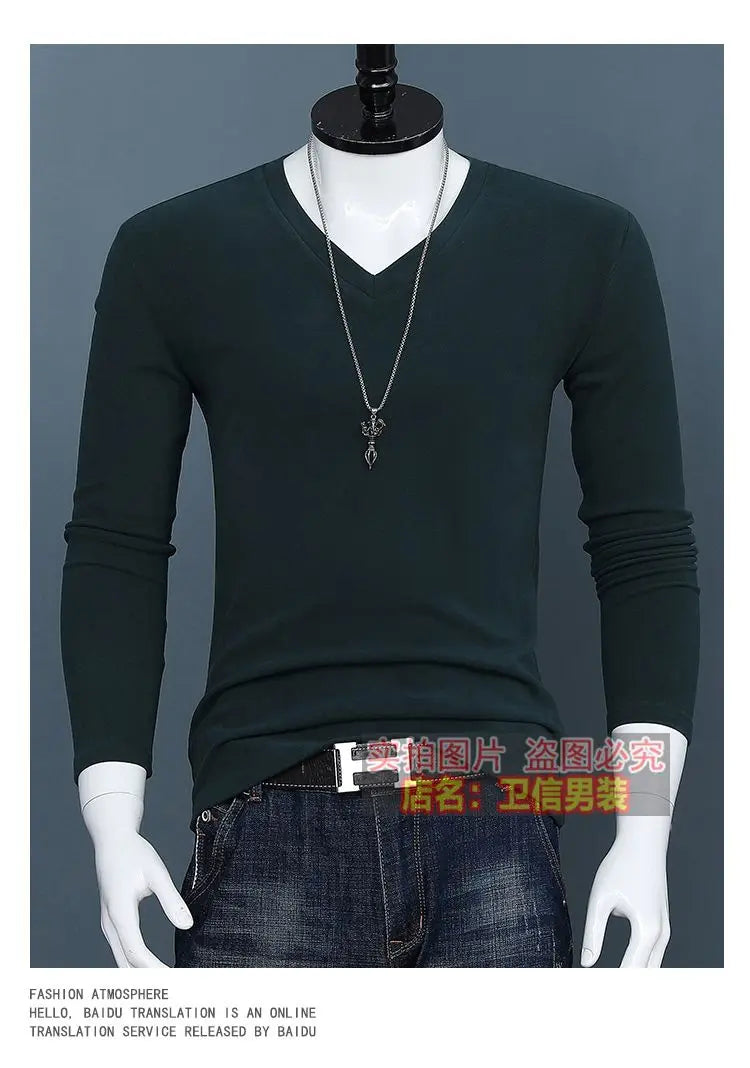 Harajuku Fashion 2023 New Men's V-neck T-shirt Crossfit Pure Color Slim Long Sleeve Tee Classic Oversized Oversized T Shirt