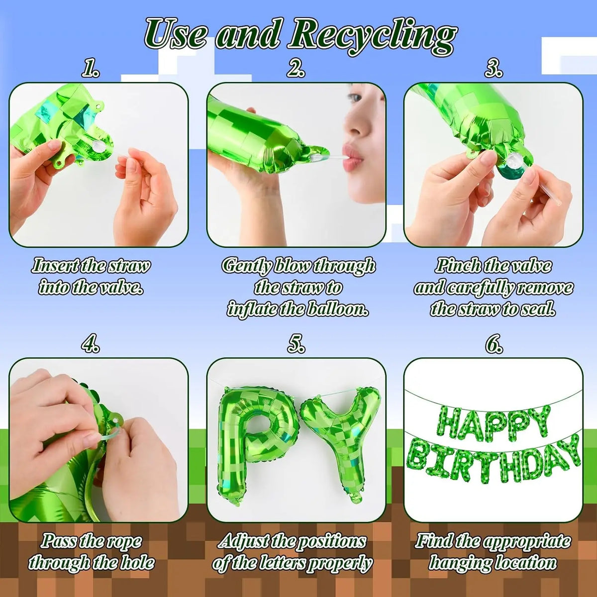 Green Pixel Themed Happy Birthday Banner Party Decorations Kit with Pixel Balloons,TNT Pixel Backdrop Supplies for Boys Kids