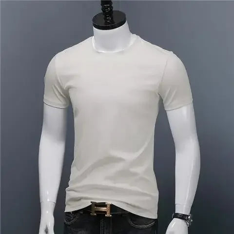 Men's Casual Turtleneck T-Shirts Short Sleeve Solid Slim Fit Silk High Neck Tops Inner Wear Trendy Round Neck Base Layer Shirt