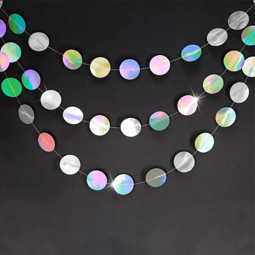 4M Silver Iridescent Paper Garland Star Round String Banners Wedding Birthday Party Home Hanging Decorations Baby Shower Favors