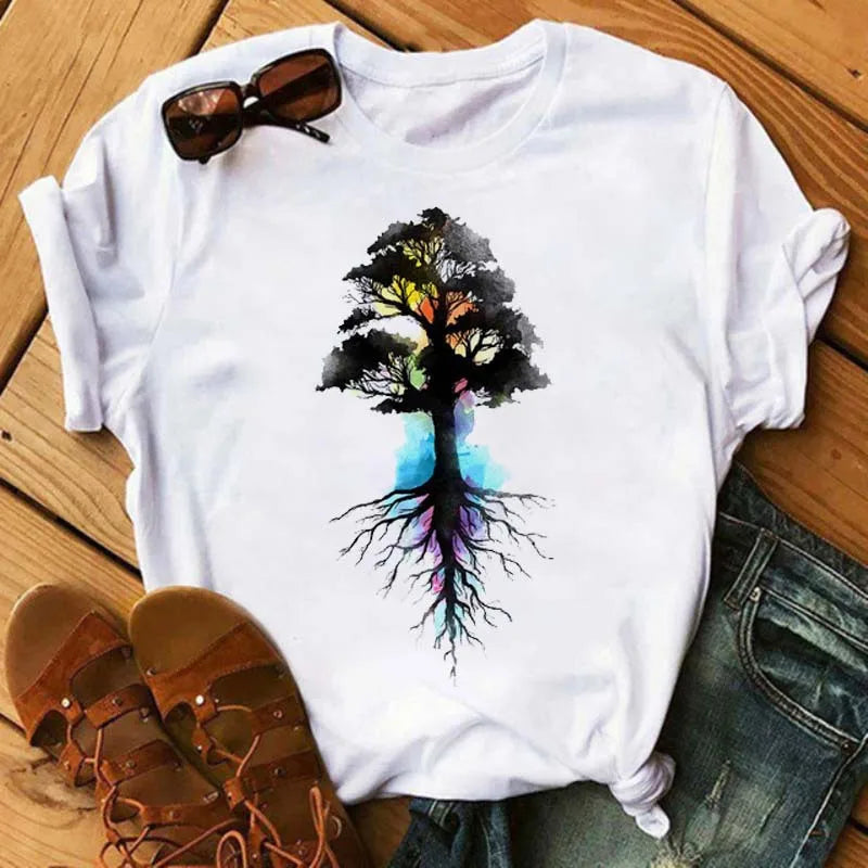 Women's Simple T-shirt Half Sleeve Colorful Flower Butterfly Art Feather Print Short Sleeve T-shirt Tops  Oversized T Shirt
