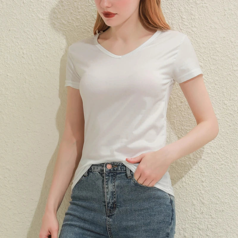 2025 Short T-Shirts Summer Women's Short Sleeve Round Neck Casual Blouse Shirts Solid Color Tops  Black / White