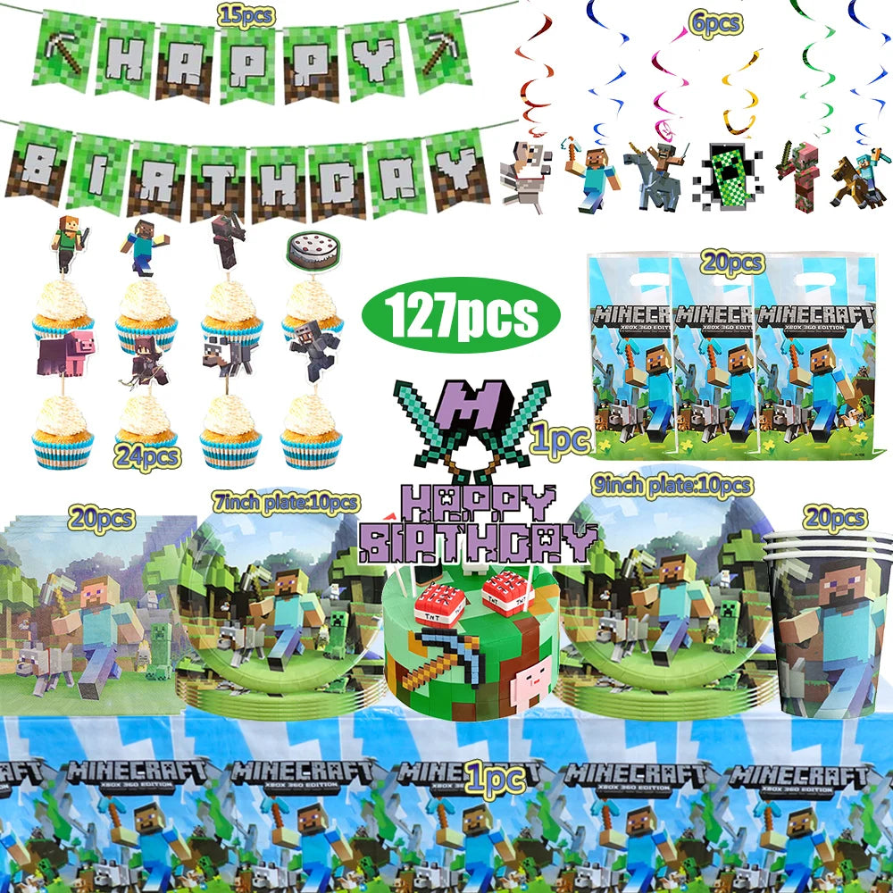 Kids Birthday Decoration Disposable Tableware Game Theme Cups Plates Balloons Baby Shower Birthday Party Supplies Gift Toy