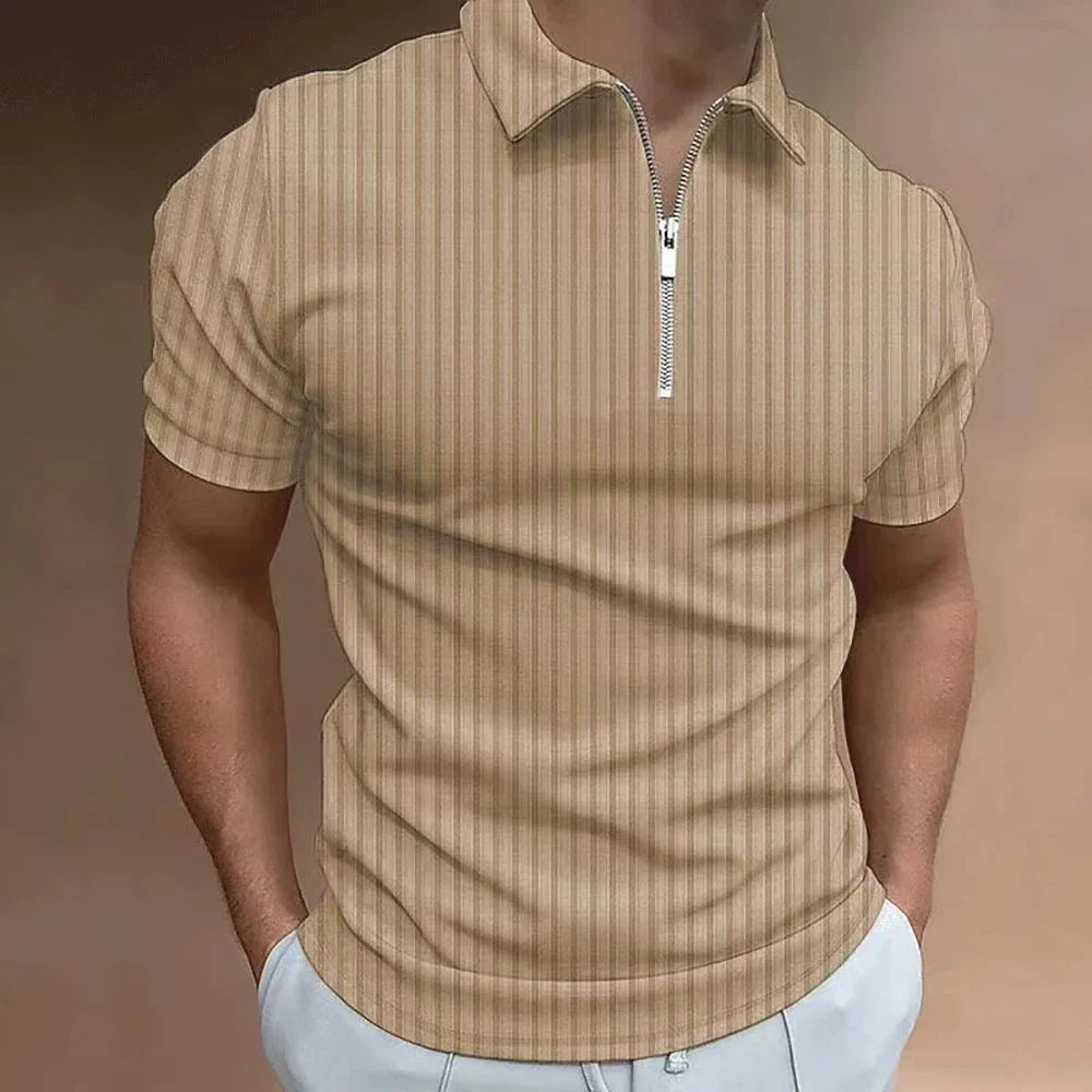 Men Striped Golf Shirt with Quarter Zipper Lapel Casual Holiday Short Sleeved T-shirt Fashionable Basic Style Regular Fit Shirt