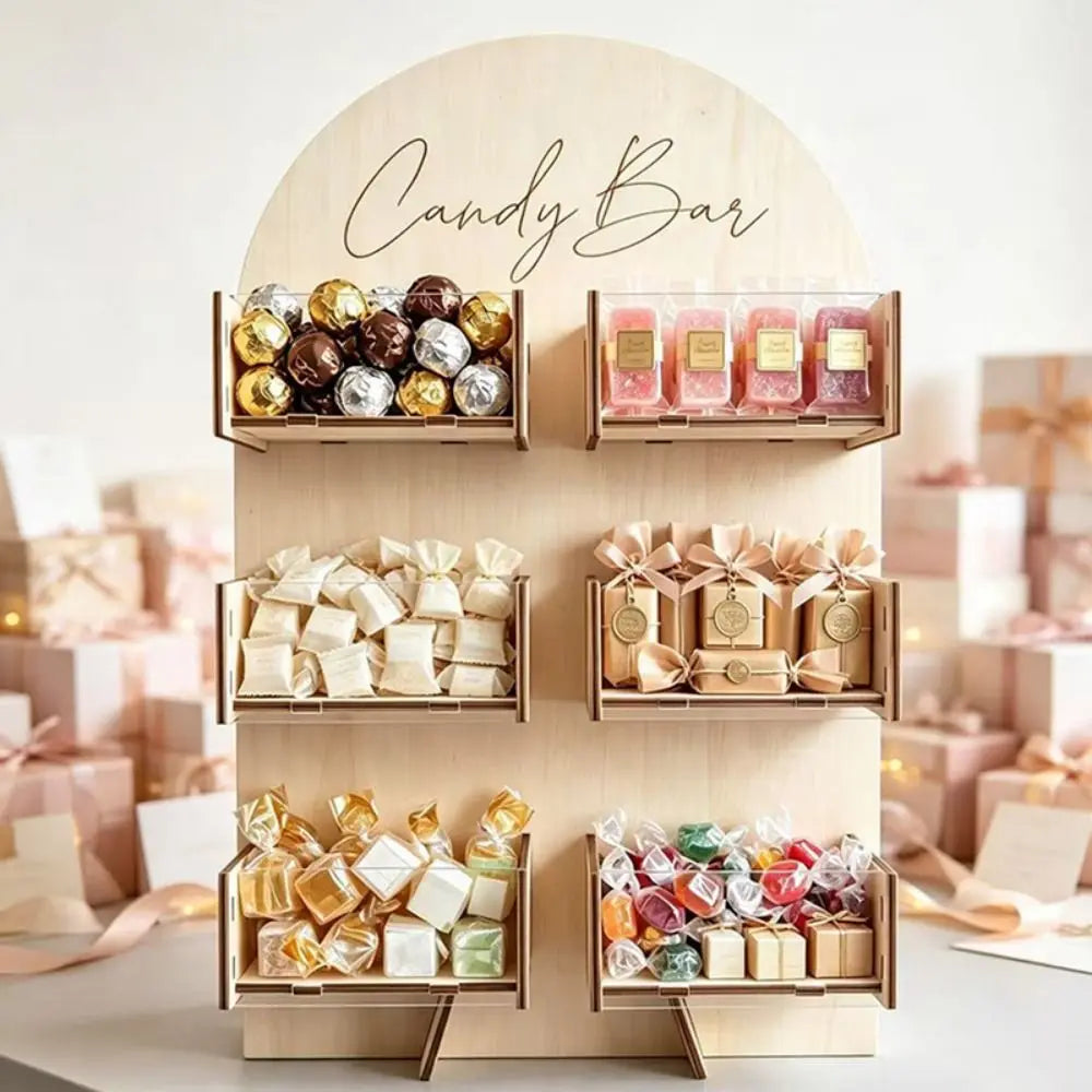 4/6Grids Candy Display Stand Wood Desktop Rack Candy Bar Stand Holder Easy Install Detachable Dessert Snack Display Box