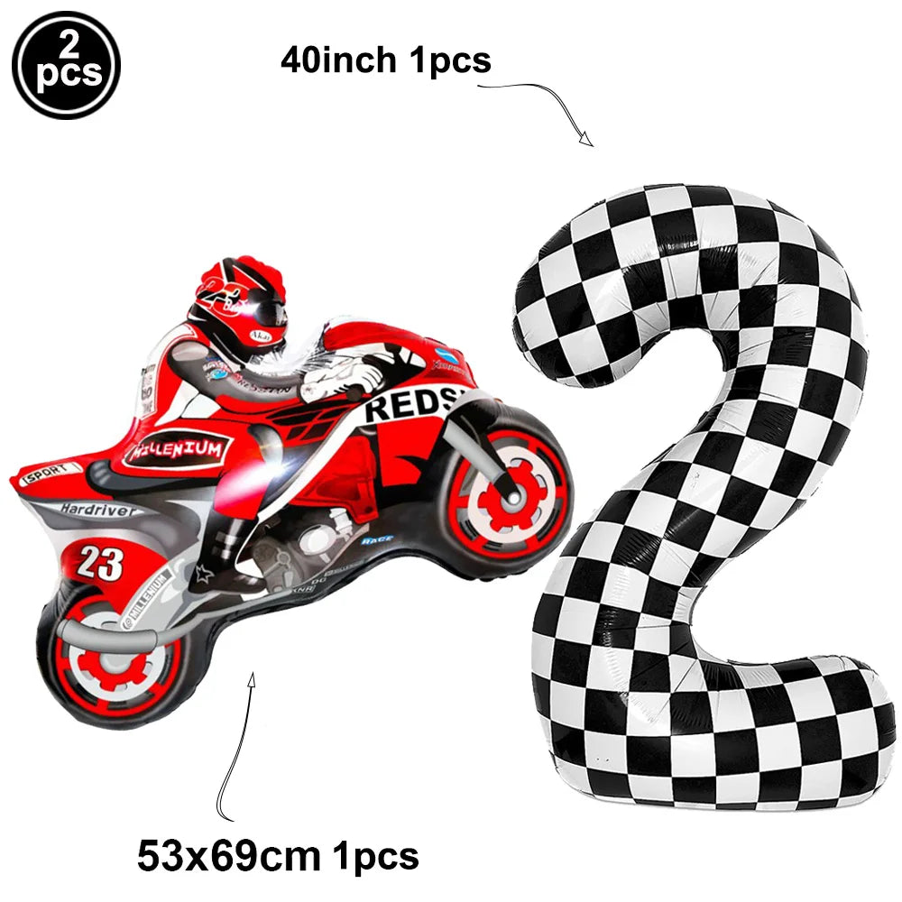2Pcs Motorcycle Balloon Dirt Bike Foil Balloon Black and White Checkered Number Ballons Motorbike Birthday Racing Party Supplies