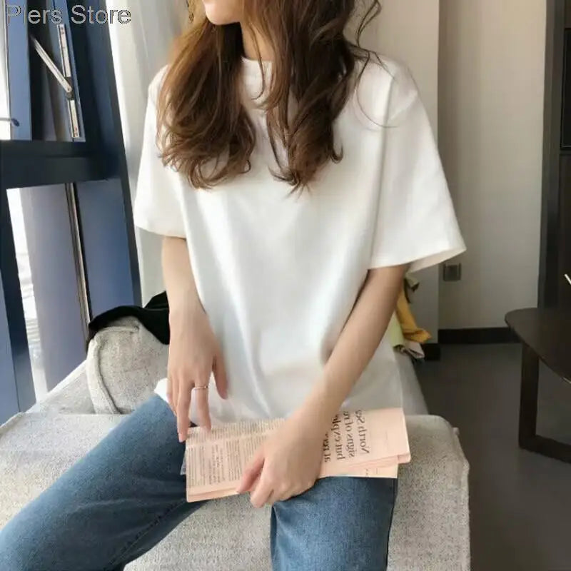 100%cotton Summer Tee T Shirt Women Kawaii T-Shirts Women 2025 Autumn Solid Simple Oversized Tshirt White Long Sleeve Tops