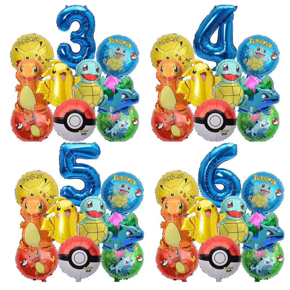 10pcs Pokemon Balloons set Pikachu Pokemon Ball Balloons 32inch Blue Number Balloon for Kids 1-9th Birthday Party Decoration
