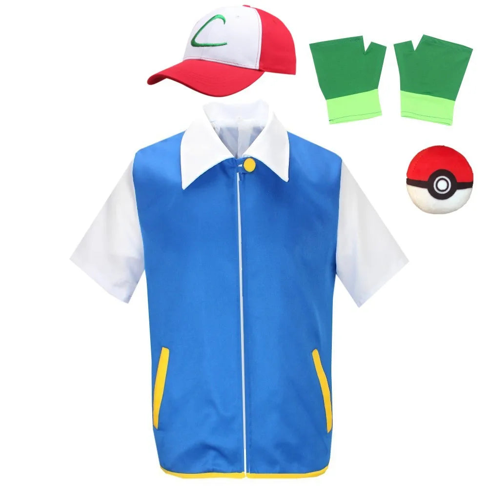 Anime Blue JacketP-PokemonING Go Men Cosplay Costume Boys Ash Ketchum For Halloween Party Trainer Gloves Cap Set Christmas Gift