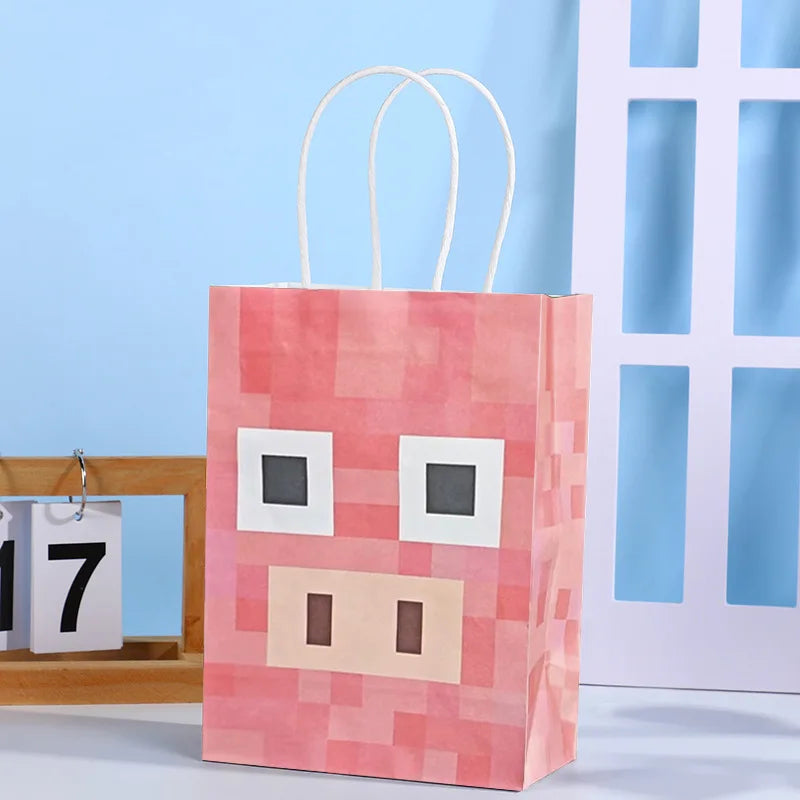 NEW Minecraft Themed Steve Creeper Lawn Handles Kraft Paper Gift Bags Birthday Party Goodie Treat Bags Pixel Game Party Supplies