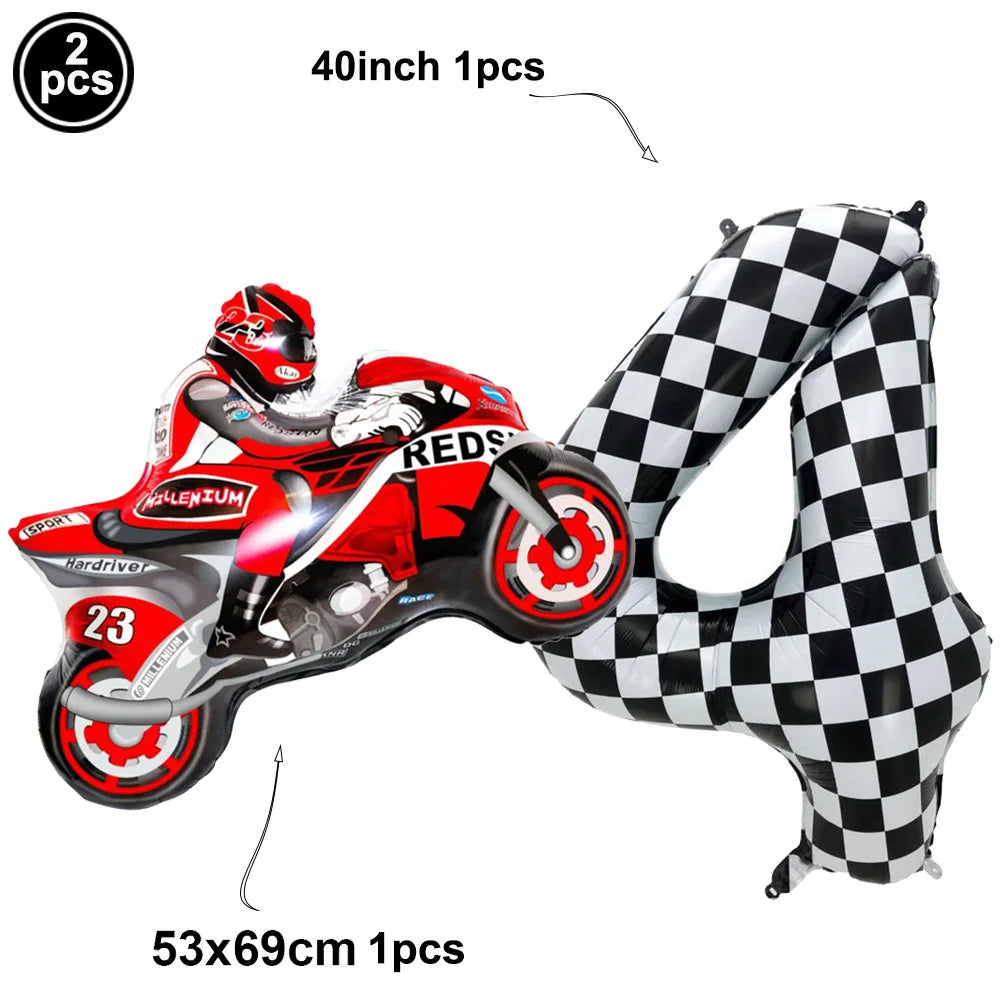 2Pcs Motorcycle Balloon Dirt Bike Foil Balloon Black and White Checkered Number Ballons Motorbike Birthday Racing Party Supplies