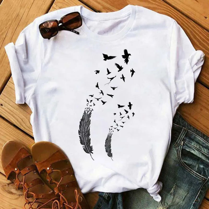 Women's Simple T-shirt Half Sleeve Colorful Flower Butterfly Art Feather Print Short Sleeve T-shirt Tops  Oversized T Shirt