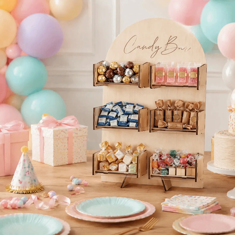 4/6Grids Candy Display Stand Wood Desktop Rack Candy Bar Stand Holder Easy Install Detachable Dessert Snack Display Box