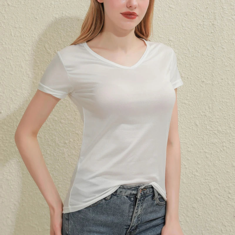 2025 Short T-Shirts Summer Women's Short Sleeve Round Neck Casual Blouse Shirts Solid Color Tops  Black / White