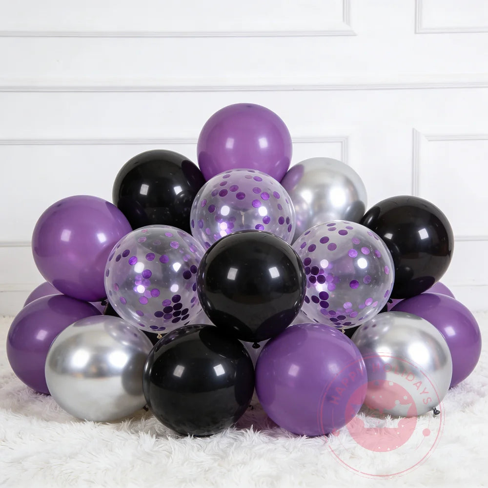 30/60pcs 10inch Purple Black Metal Silver Latex Balloons With Purple Confetti Suitable for Weddings Birthdays Party Gift Ribbon
