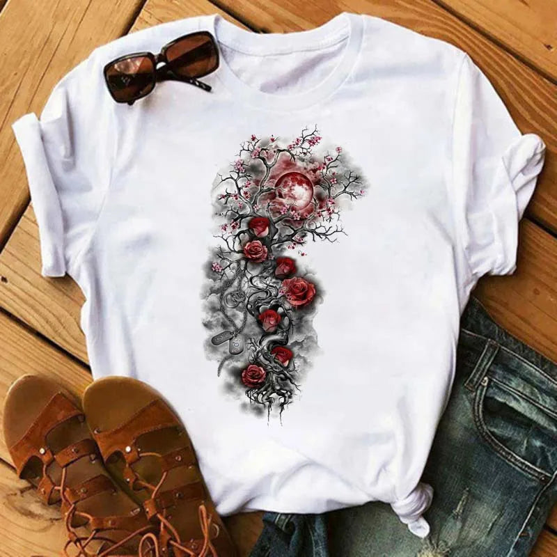 Women's Simple T-shirt Half Sleeve Colorful Flower Butterfly Art Feather Print Short Sleeve T-shirt Tops  Oversized T Shirt