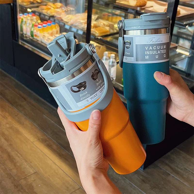 30oz Thermal Cup Stainless Steel Water Bottle with Straw Leakproof Car Tumbler Vacuum Insulated Flask for Outdoor Sports Gym