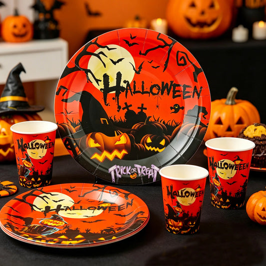 Halloween Theme Disposable Tableware Paper Plates Cups Napkins  Pumpkin Castle Ghost Halloween Party Decor Dinner Table Supplies