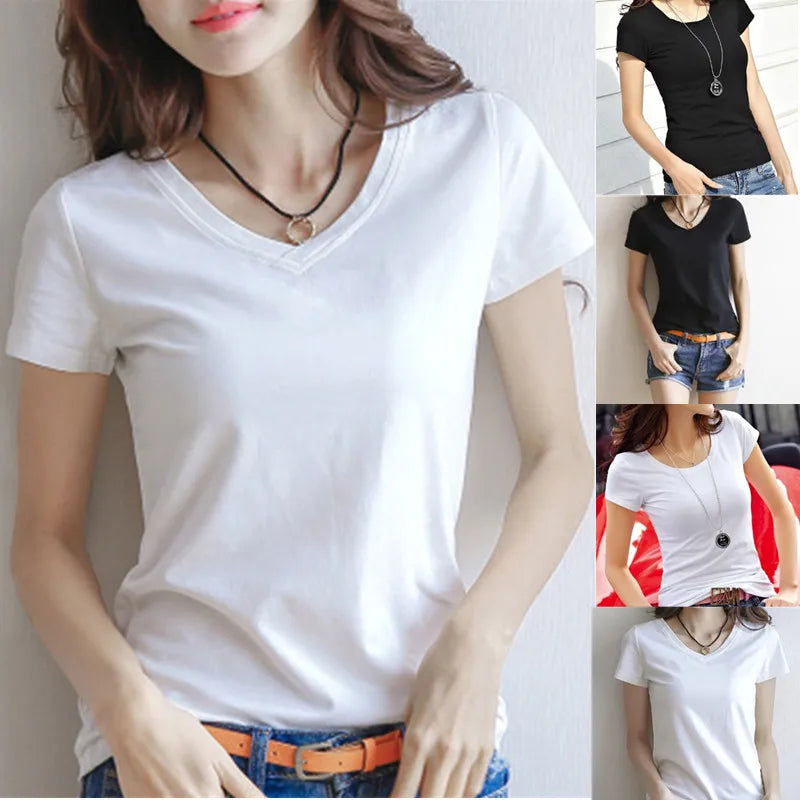 Spring Summer Women T-shirt Black V-Neck Short Sleeve Female Tee Slim White T-Shirt Casual Solid Lady Tshirt Tops