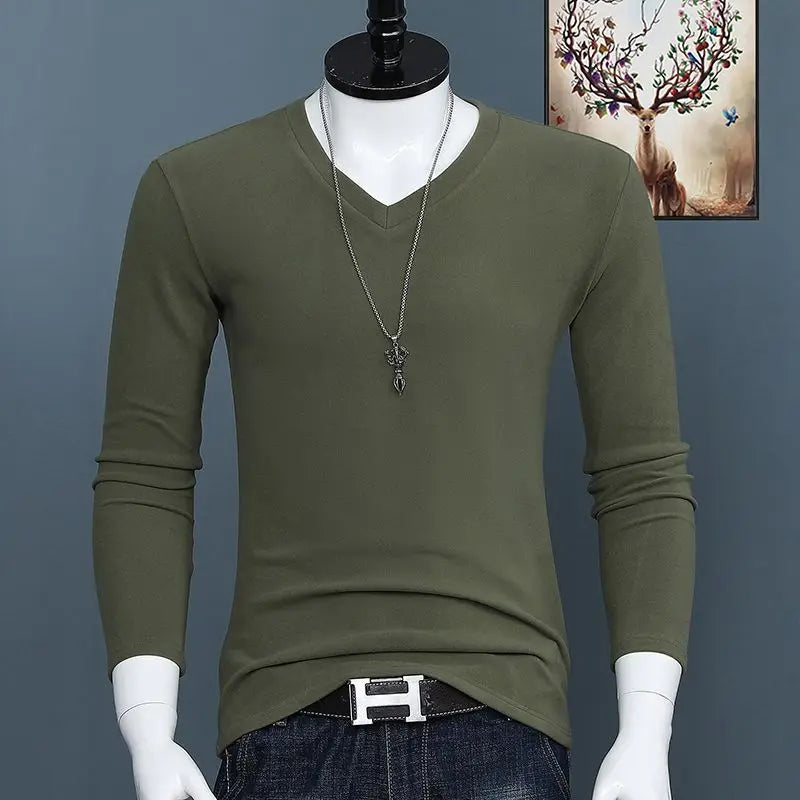 Harajuku Fashion 2023 New Men's V-neck T-shirt Crossfit Pure Color Slim Long Sleeve Tee Classic Oversized Oversized T Shirt